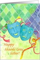 Happy Mardi Gras Sister Comedy Tragedy Masks Watercolor card