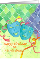 Happy Birthday on Mardi Gras Comedy Tragedy Masks Watercolor card
