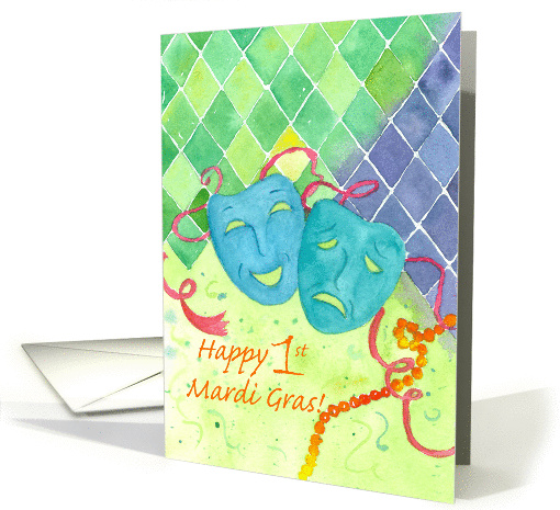 Happy 1st Mardi Gras Comedy Tragedy Masks Watercolor card (1184616)