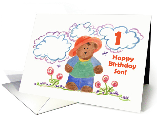 Happy First Birthday Son Brown Bear Kids Watercolor Art card (1187248)