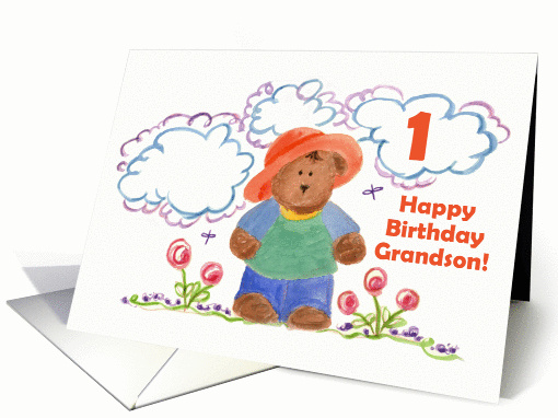 Happy First Birthday Grandson Brown Bear Kids Watercolor Art card
