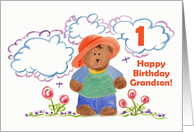 Happy First Birthday Grandson Brown Bear Kids Watercolor Art card