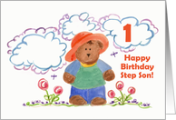 Happy First Birthday Step Son Brown Bear Kids Art card