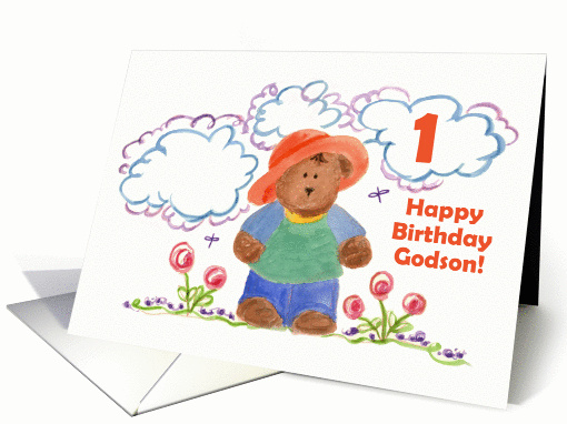 Happy First Birthday Godson Brown Bear Kids Art card (1187258)