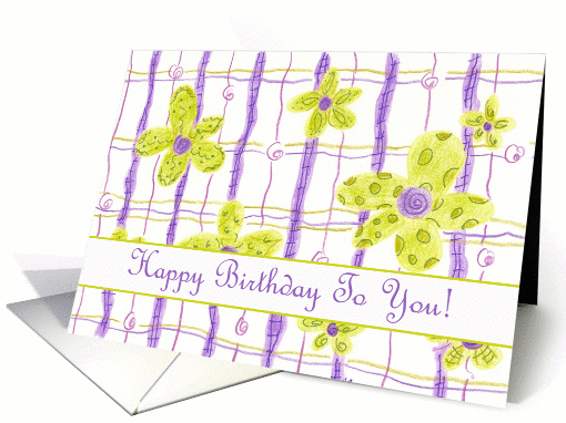 Happy Birthday Chartreuse Lavender Whimscial Flower Plaid card
