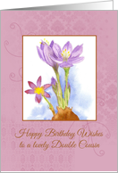 Happy Birthday Double Cousin Purple Crocus Flower Watercolor Art card