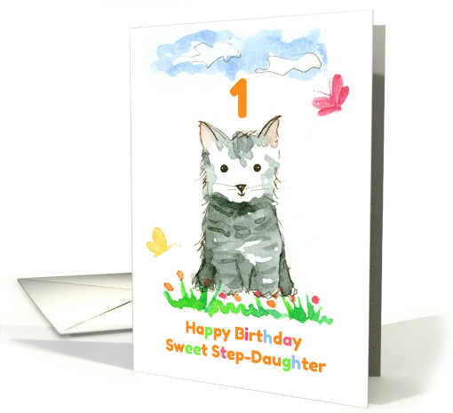 Happy 1st Birthday Step Daughter Grey Kitten Watercolor card (1187900)