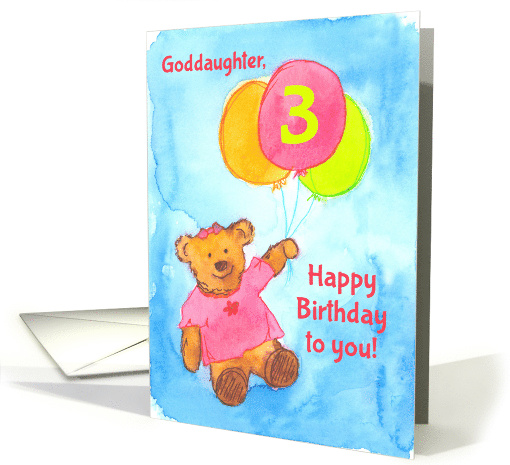 Happy 3rd Birthday Goddaughter Bear Balloons Watercolor card (1187904)