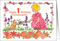 Happy 1st Birthday Granddaughter Little Girl Pet Kitten Watercolor card