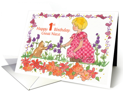 Happy 1st Birthday Great Niece Little Girl Pet Kitten Watercolor card