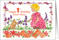 Happy 1st Birthday Sweet Niece Little Girl Pet Kitten Watercolor card