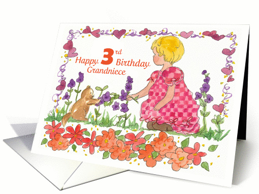 Happy 3rd Birthday Grandniece Little Girl Pet Kitten Watercolor card