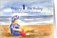 Happy 1st Birthday Sweet Grandson Ocean Beach Watercolor card