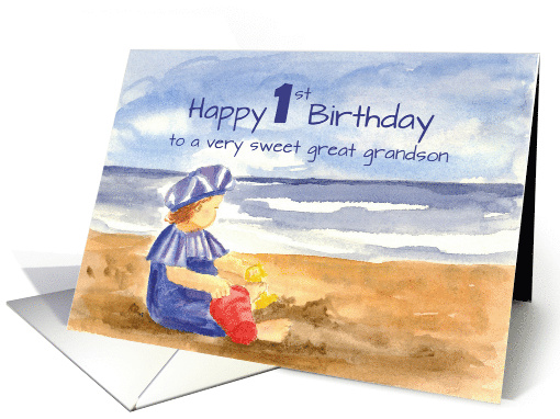 Happy 1st Birthday Sweet Great Grandson Ocean Beach Watercolor card