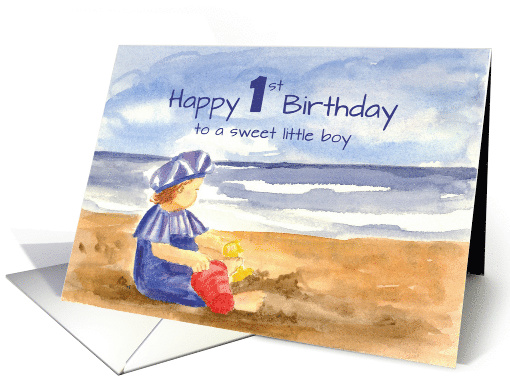 Happy 1st Birthday Sweet Little Boy Ocean Beach Watercolor card