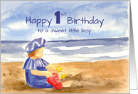 Happy 1st Birthday Sweet Little Boy Ocean Beach Watercolor card