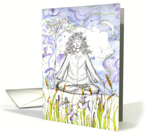 Zen Yoga Meditation Woman Purple Iris Flowers Watercolor card