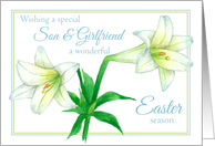 Happy Easter Son and Girlfriend White Lily Flower Drawing card