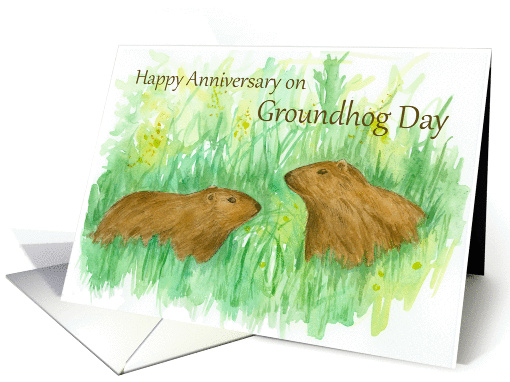 Happy Anniversary on Groundhog Day Watercolor Art card (1224704)