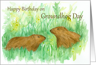 Happy Birthday on Groundhog Day Watercolor card