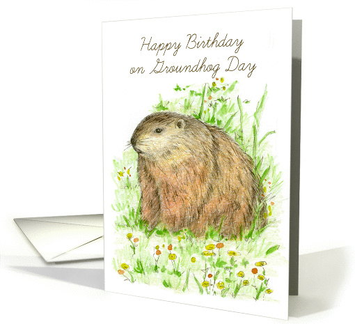 Happy Birthday on Groundhog Day Animal Art card (1225186)