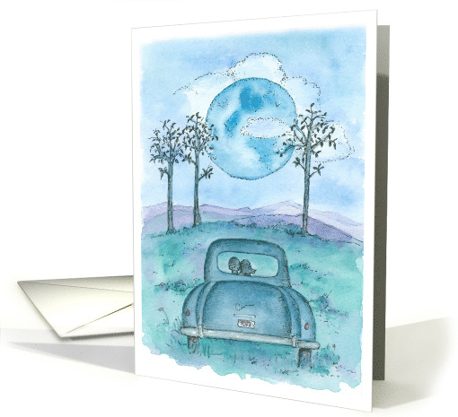 Happy First Wedding Anniversary Blue Moon Watercolor Art card