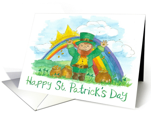Happy St. Patrick's Day Leprechaun Rainbow Watecolor Art card