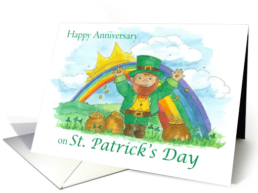 Happy Anniversary on St. Patrick's Day Leprechaun Rainbow card