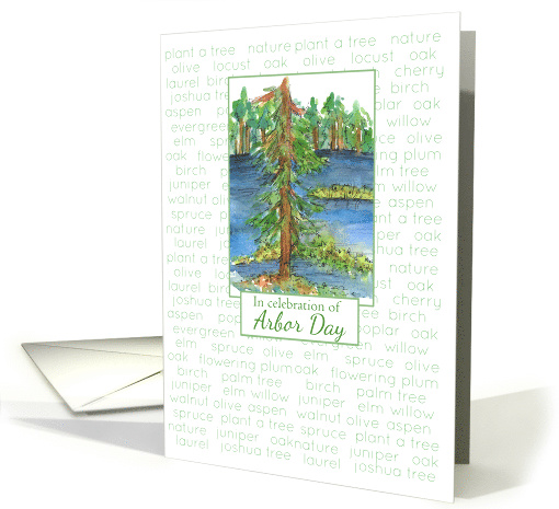 Happy Arbor Day Green Trees Lake Watercolor card (1248776)