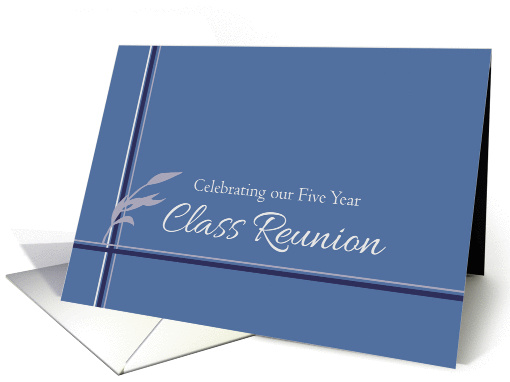 Five Year Class Reunion Invitation Blue Stripes Leaves card (1249490)