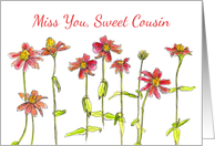 Miss You Sweet Cousin Red Zinnia Flowers Watercolor Art card
