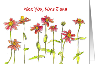 Miss You Custom Name Card Red Zinnia Flower Watercolor card