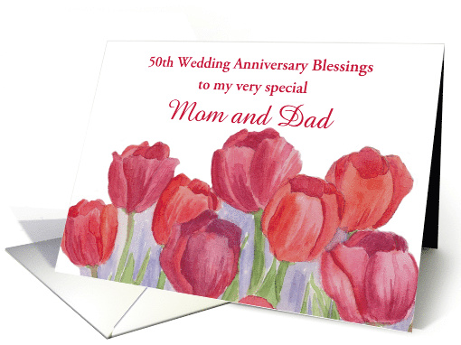Custom Name 50th Wedding Anniversary Blessings Red Tulips card