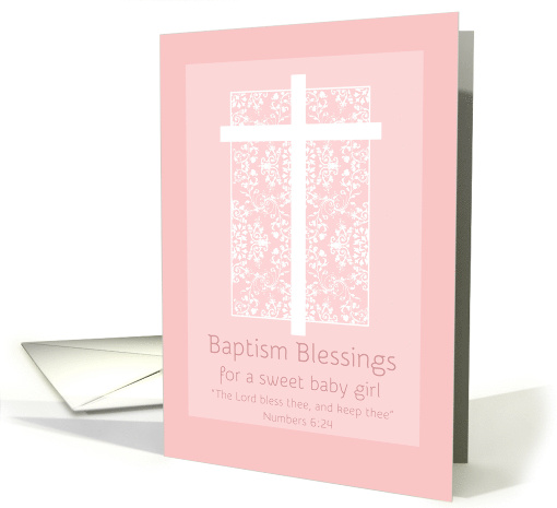 Baptism Blessings Baby Girl White Cross Pink Damask card (1269656)
