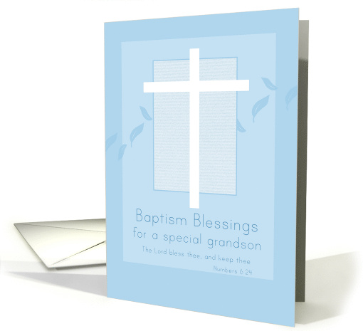 Baptism Blessings Grandson White Cross Blue Leaves card (1269890)