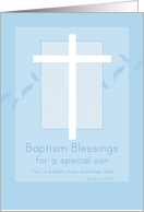Baptism Blessings Special Son White Cross Blue Leaves card