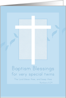 Baptism Blessings Special Twins White Cross Blue Leaves card