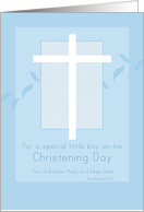 Christening Congratulations Little Boy White Cross Blue Leaves card