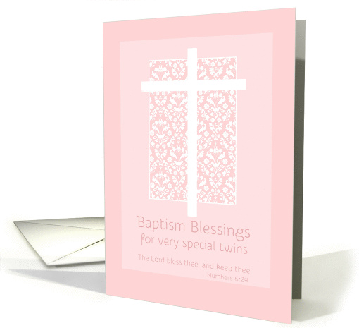 Baptism Blessings For Twins White Cross Pink Damask card (1269928)