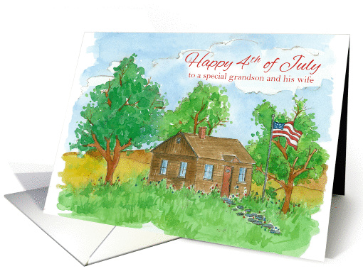 Happy 4th of July Grandson and Wife Flag House Landscape... (1273734)