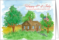 Happy 4th of July Grandson and Wife Flag House Landscape Watercolor card