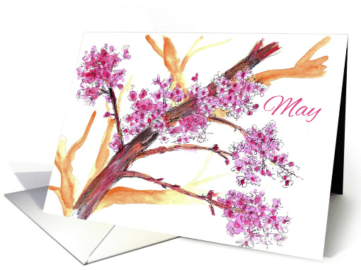 Happy May Day Pink Flower Blossoms Watercolor card (1274166)