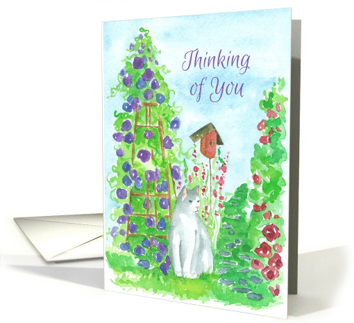 Thinking of You Garden Cat Watercolor Flower Painting card (1277154)