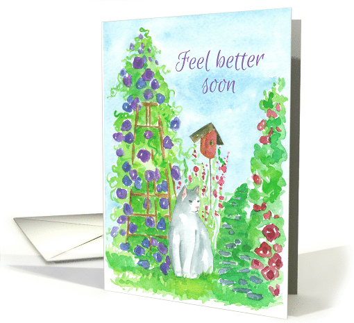 Feel Better Soon Garden Cat Watercolor Flower card (1277160)