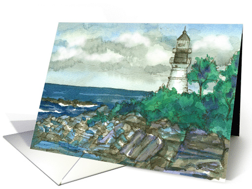 Maine Lighthouse Portland Head Light Watercolor card (127717)