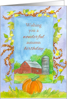 Wishing You A Wonderful Autumn Birthday Barn Pumpkins card