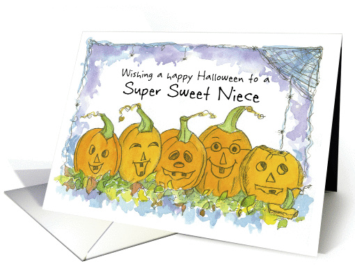 Happy Halloween Sweet Niece Pumpkins Funny Faces Spiders card
