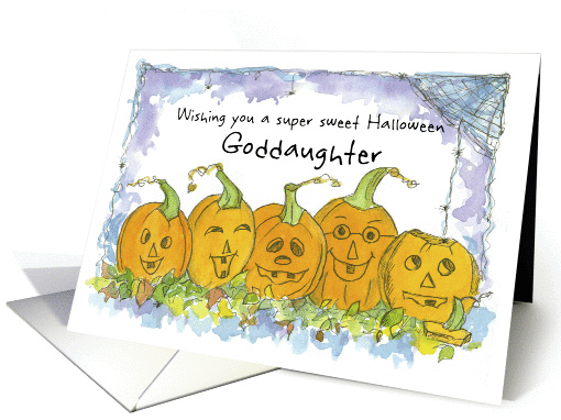 Happy Halloween Goddaughter Pumpkins Funny Faces Spiders card