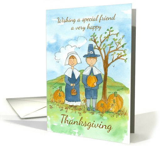 Happy Thanksgiving Friend Pilgrims Pumpkins Country Landscape card