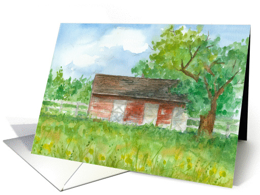 Happy Birthday Red Barn Pasture Landscape Fine Art Watercolor card